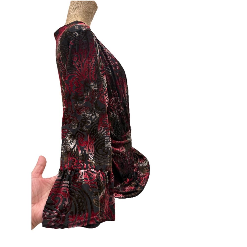 Notations Velvet Burnout Blouse 1X Black Red Paisley Buckle Detail | Holiday Top - Picture 4 of 9